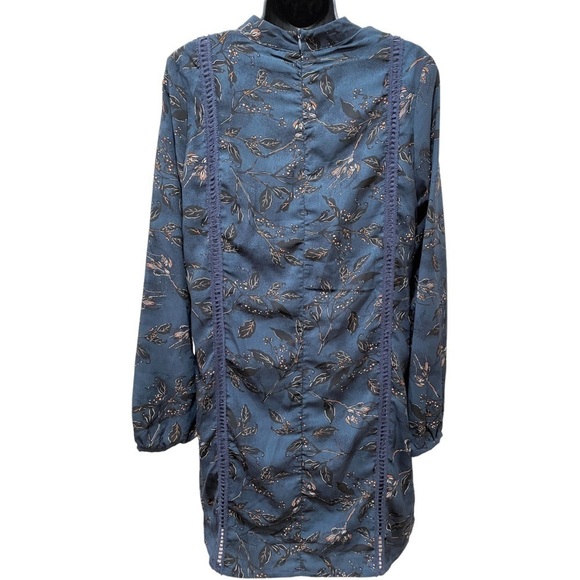 Paper Crane Navy Floral Print Choker Shift Style Dress Long Sleeve Zip Back Med - Picture 6 of 13